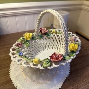 Vintage V. Bassano Ceramic Italy Art Pottery Woven Basket with Yellow Roses